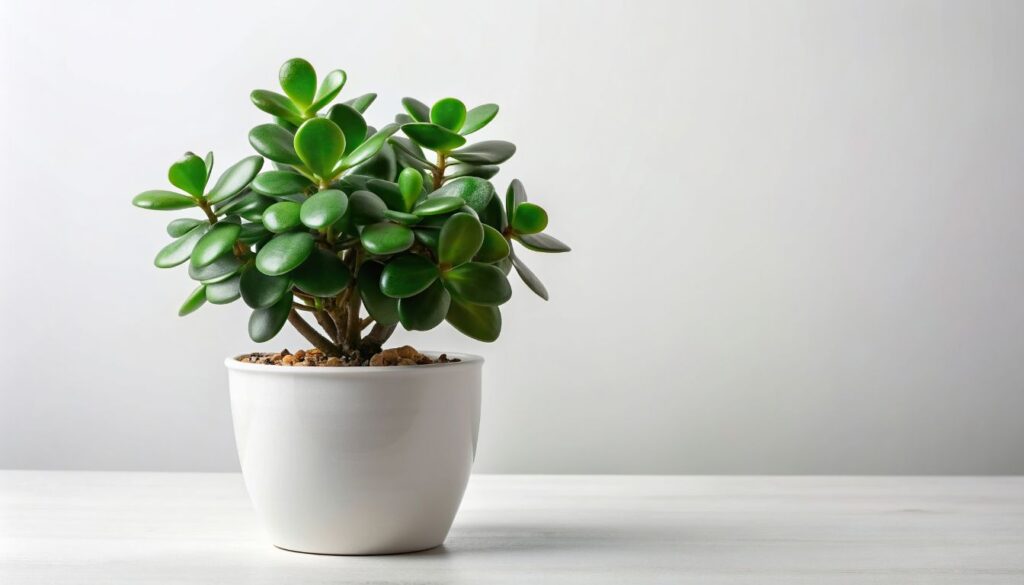 A jade tree with vibrant green, oval-shaped leaves growing in a ceramic pot, representing a healthy plant ready for propagation.