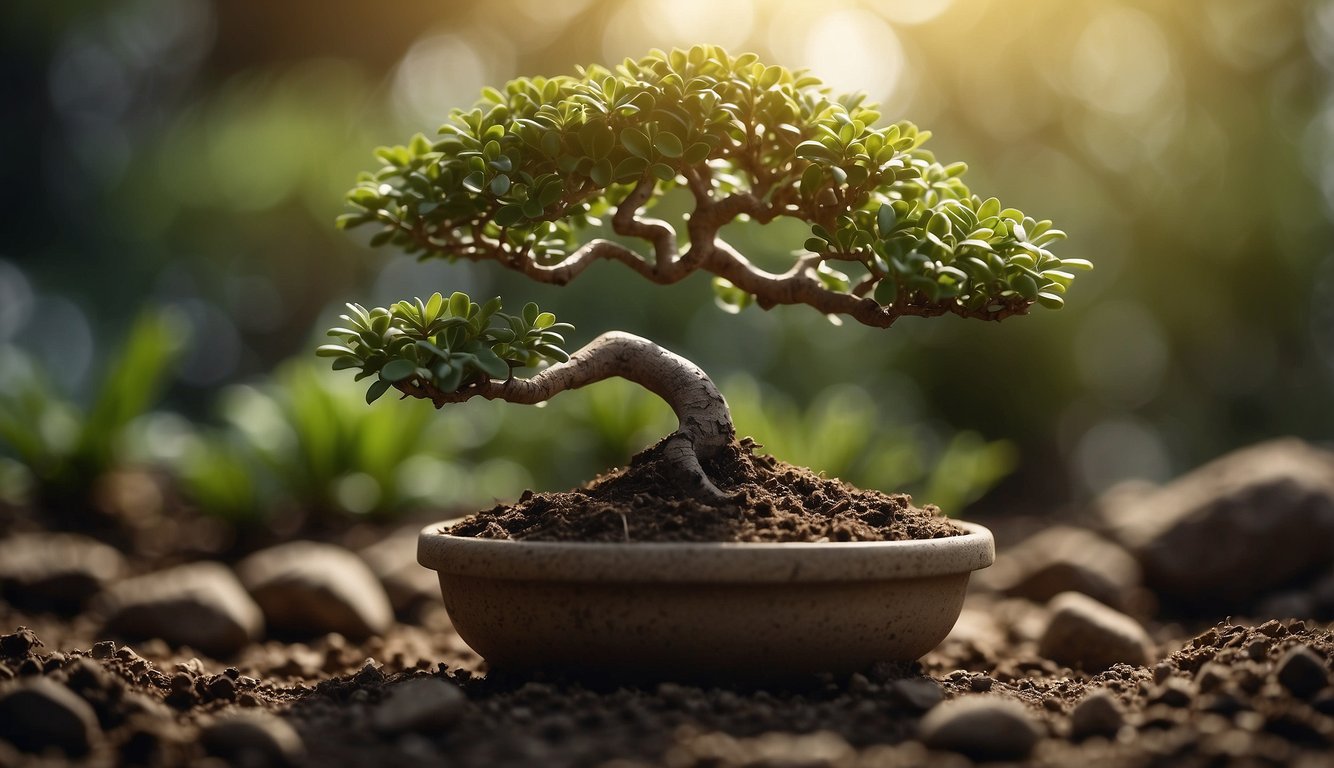 A small jade tree with lush green leaves, growing in a shallow pot amidst soil and rocks, illuminated by soft sunlight.