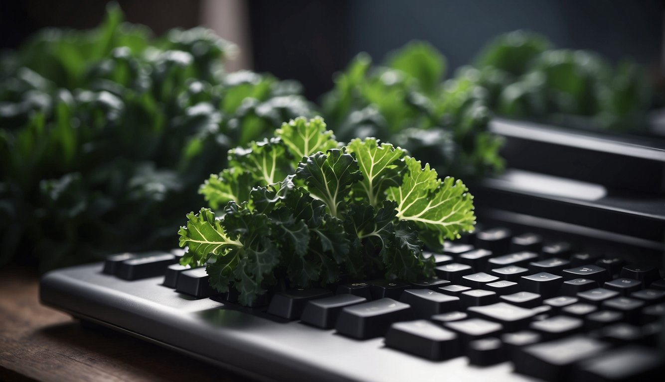 A bunch of fresh kale leaves emerging from a computer keyboard, symbolizing the blend of nature and technology.