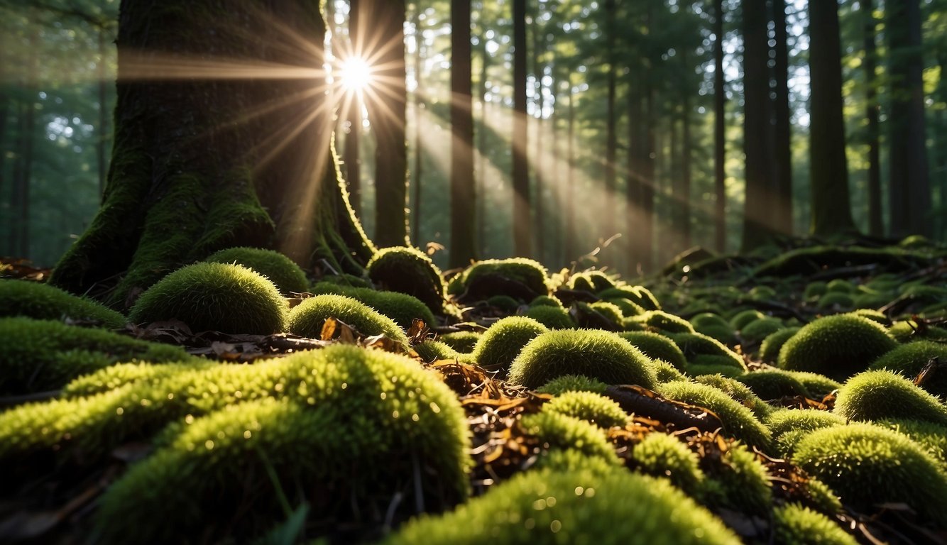 A sunbeam illuminating green moss at the base of a tree in a forest.