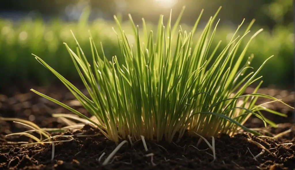 A vibrant cluster of lemongrass growing in rich soil, bathed in sunlight.