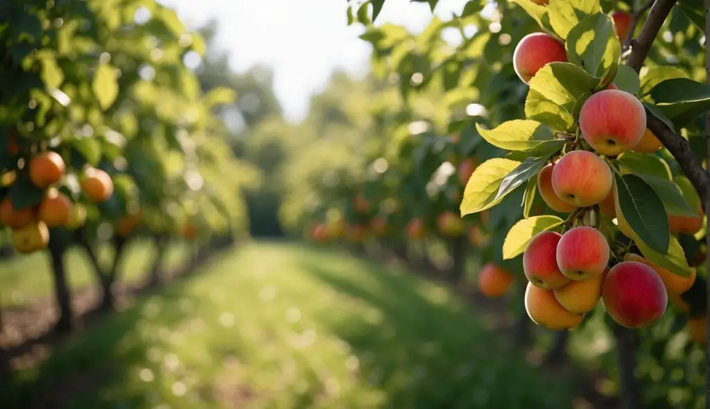 A serene image of a fruit orchard with rows of healthy trees bearing vibrant, ripe apples, illuminated by the soft glow of sunlight.