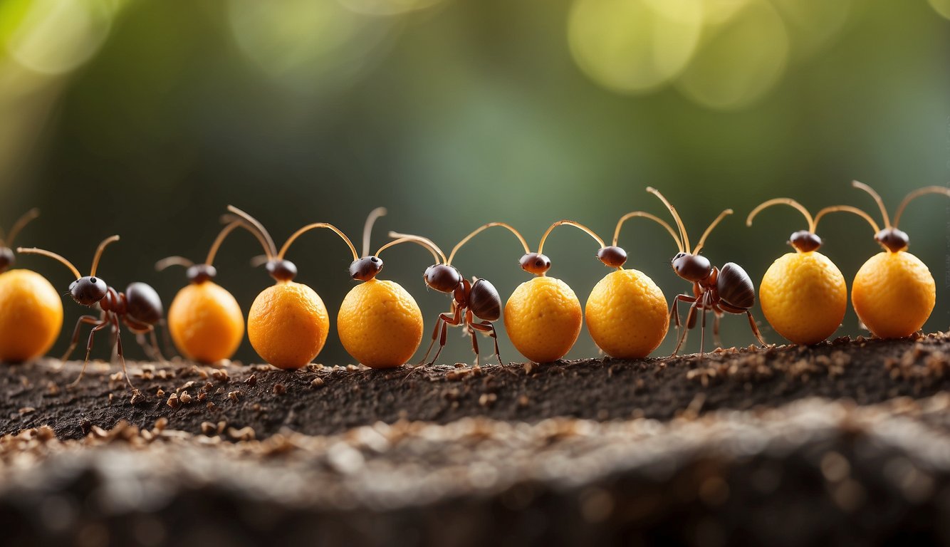 A line of ants carrying yellow spheres on a ground surface, with a blurred green background.