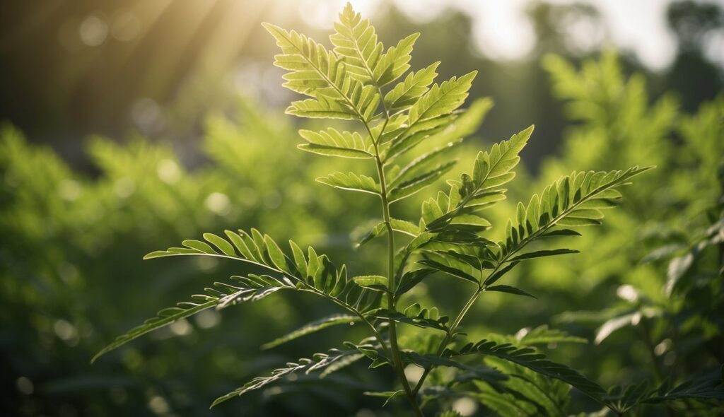 A close-up of a green neem plant with sunlight filtering through the leaves.