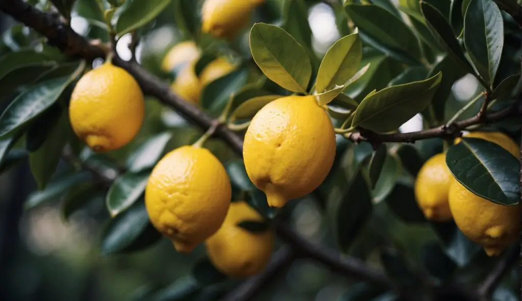 A close-up image of a lemon tree branch adorned with ripe, yellow lemons amidst vibrant green leaves.