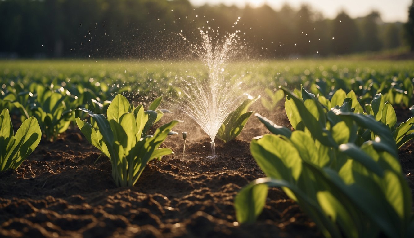 A close-up view of a field with young green plants being watered by an olla irrigation system, showcasing a spray of water droplets illuminated by the sunlight.