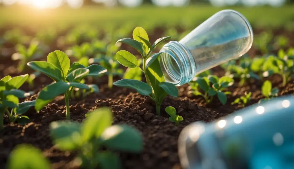 A glass bottle irrigating young green plants in a soil bed, illuminated by the golden light of the setting sun.