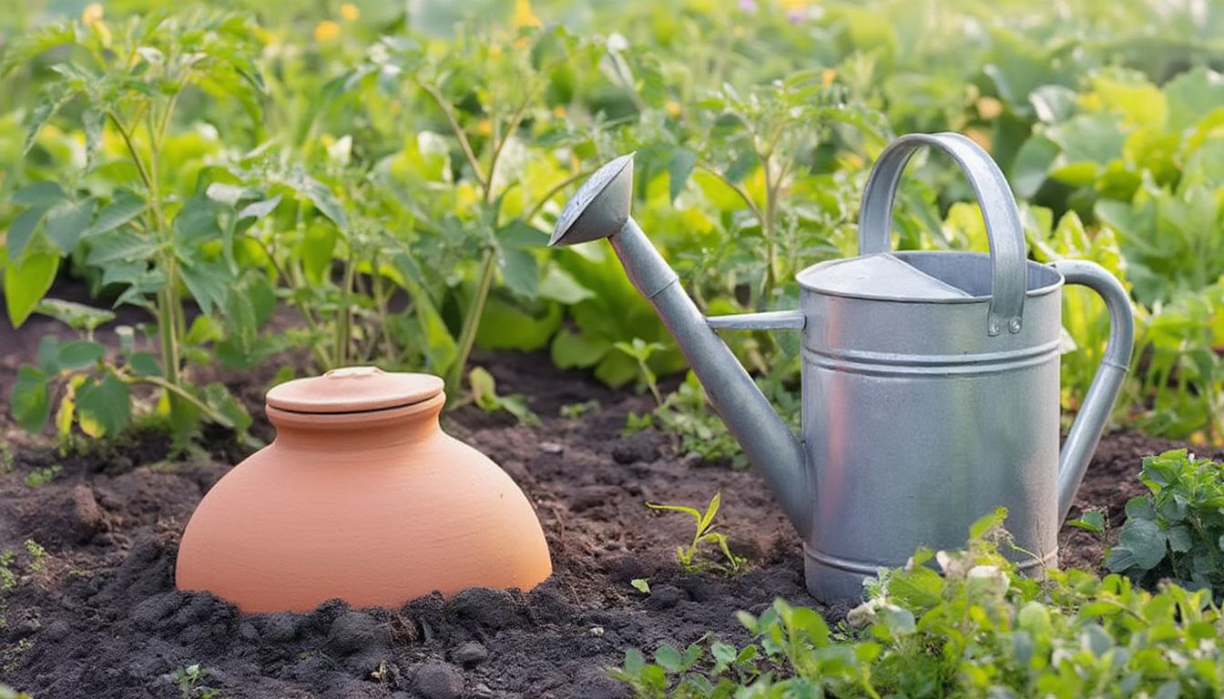 Terracotta olla with lid buried in garden soil beside a metal watering can, surrounded by leafy plants.