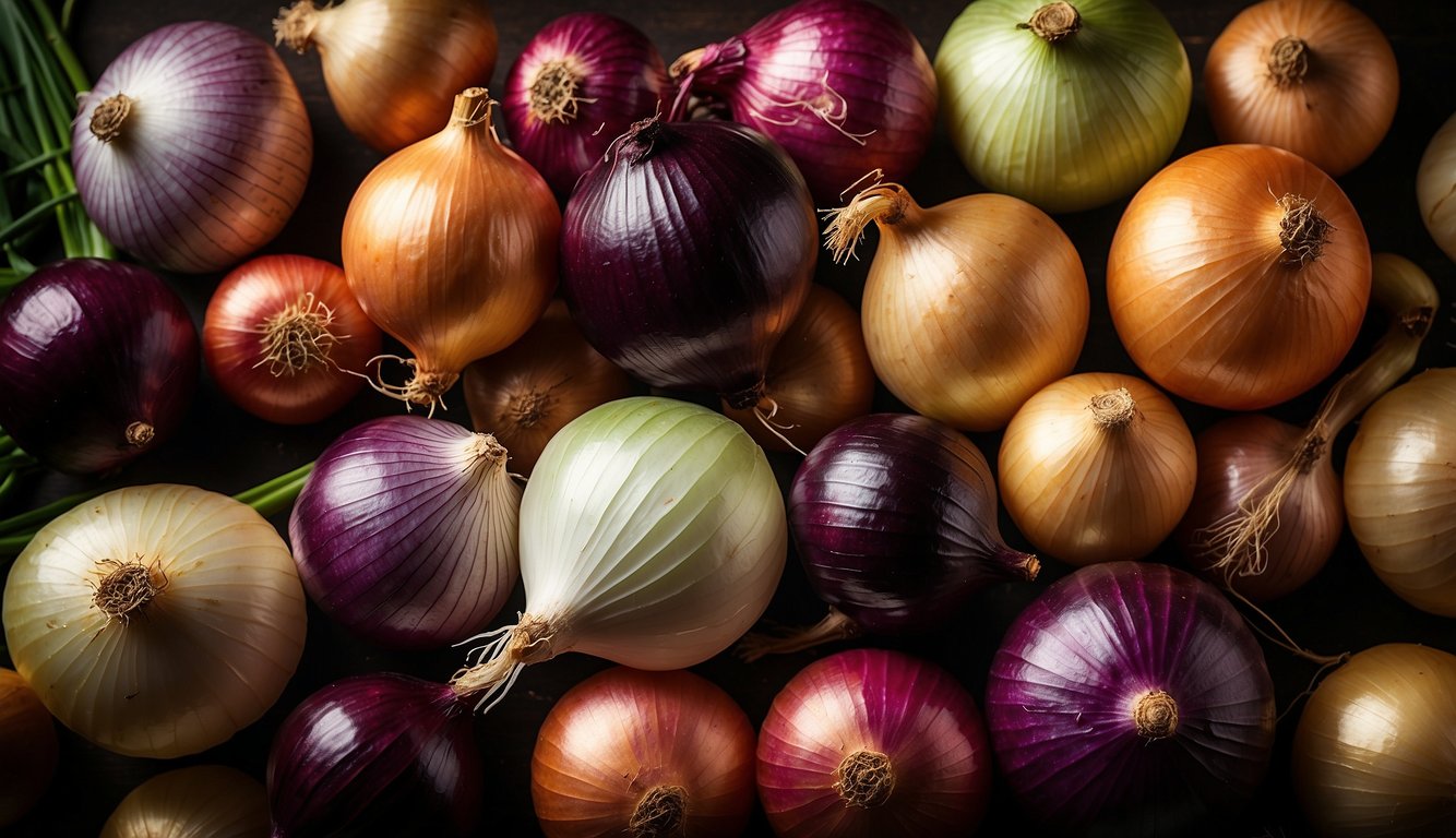 A variety of onions in different colors and sizes, including red, yellow, and white, displayed together.
