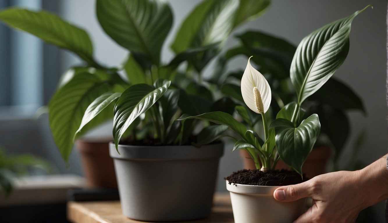 A person holding a small pot with a healthy Peace Lily, showcasing its vibrant green leaves and white bloom, with other potted plants in the background.
