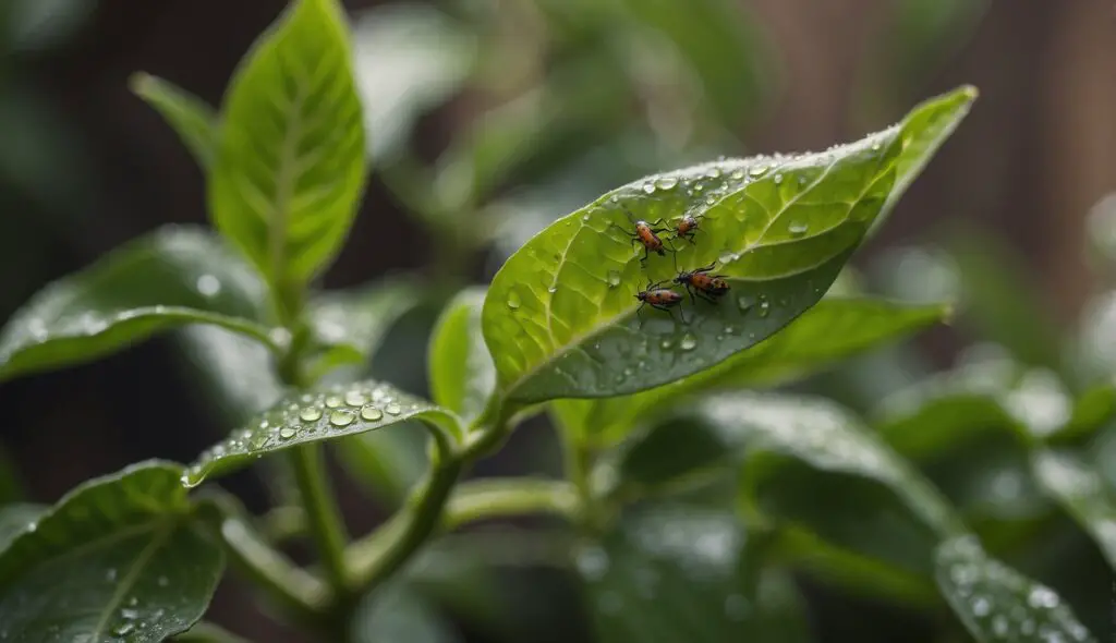 Insects infesting a pepper plant, visible on the leaves and stem.