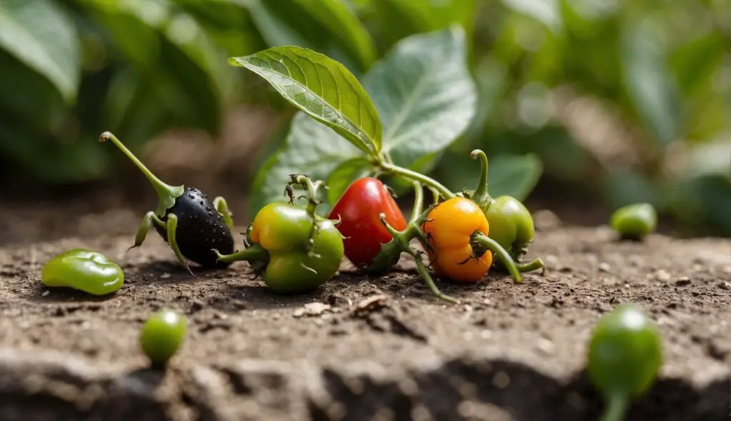 A close-up view of various stages of ripening peppers growing on a plant, surrounded by soil.