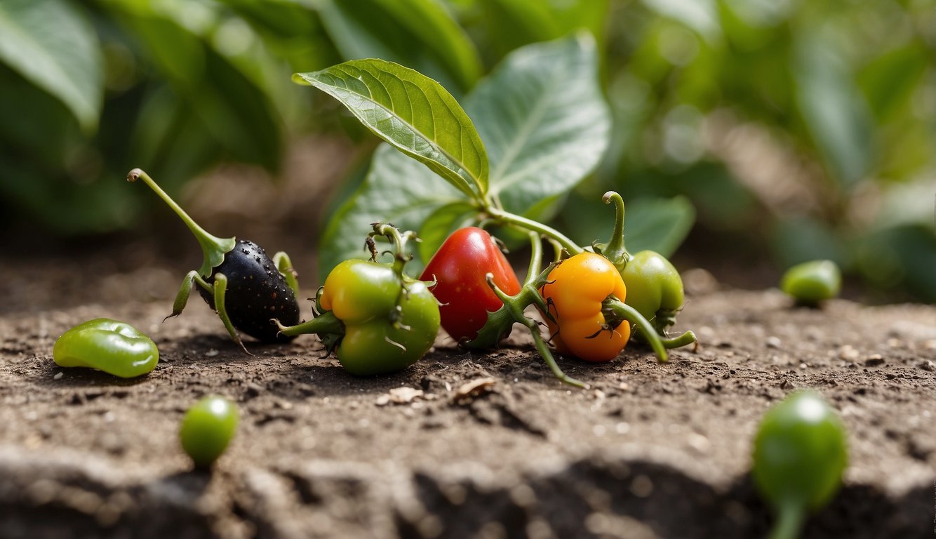 A close-up view of various stages of ripening peppers growing on a plant, surrounded by soil.