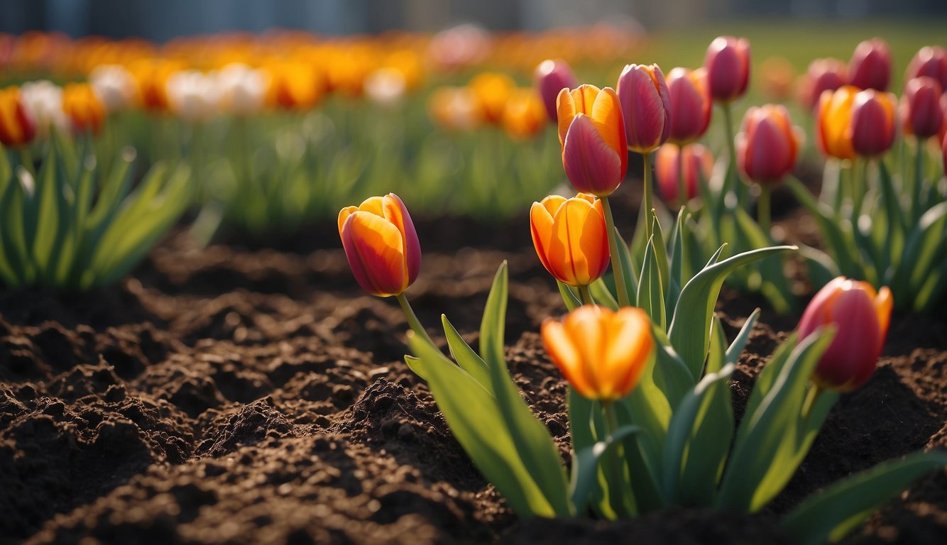 A field of vibrant, bloomed tulips with orange and purple petals, planted in rich brown soil, illuminated by soft sunlight