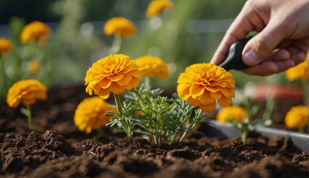 A person’s hand is seen planting vibrant orange marigolds in a well-tended vegetable garden, with other marigolds and greenery in the background.