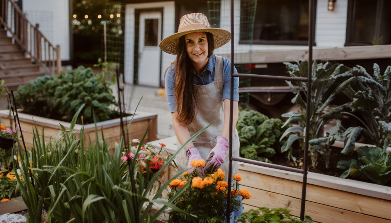 Gardener wearing gloves and a straw hat tending to raised beds filled with marigolds, vegetables, and leafy greens in a cozy backyard garden.