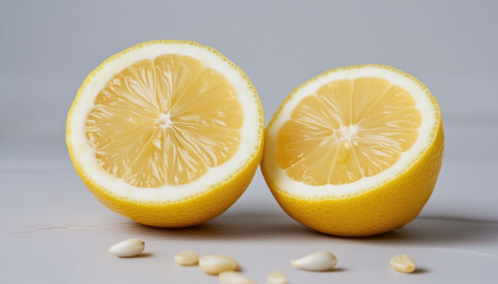 Close-up of halved Meyer lemon with seeds scattered on a light surface, showing juicy segments and glossy texture.