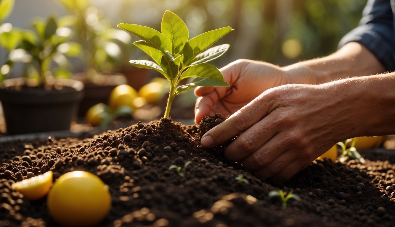 A person is planting a Meyer lemon seedling in fertile soil, with mature lemons and other plants nearby, illuminated by the warm sunlight.