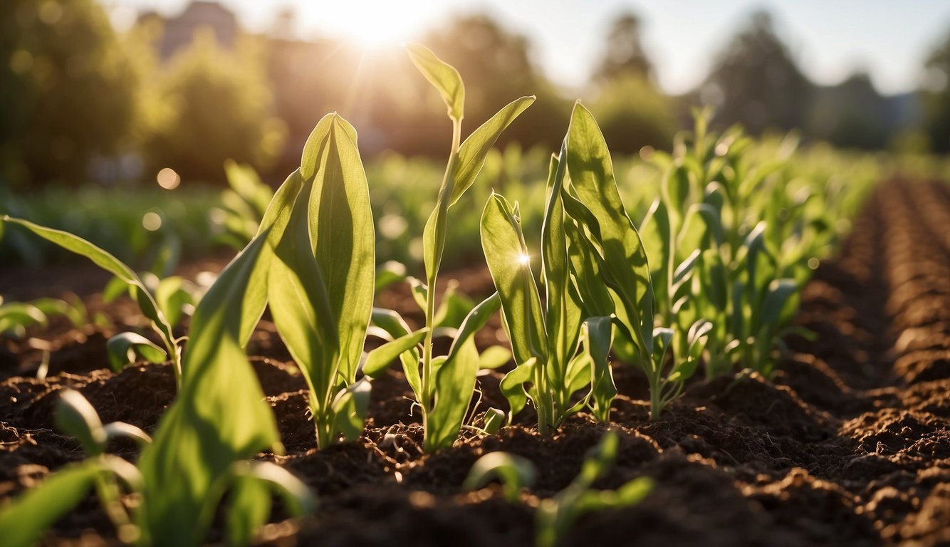 A serene image of young green plants, possibly peas, sprouting from the rich brown soil in a well-organized garden, bathed in the warm glow of the setting or rising sun.