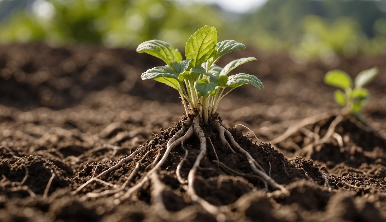 A young potato plant with green leaves emerging from the soil, showcasing its intricate root system.