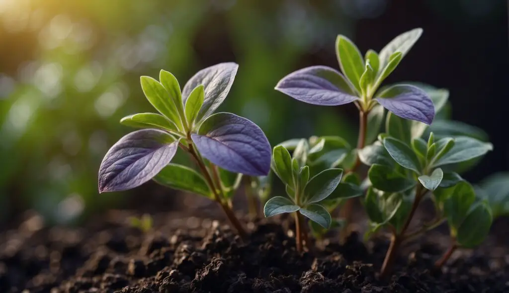 Young Tradescantia plants emerging from the soil, bathed in soft sunlight.