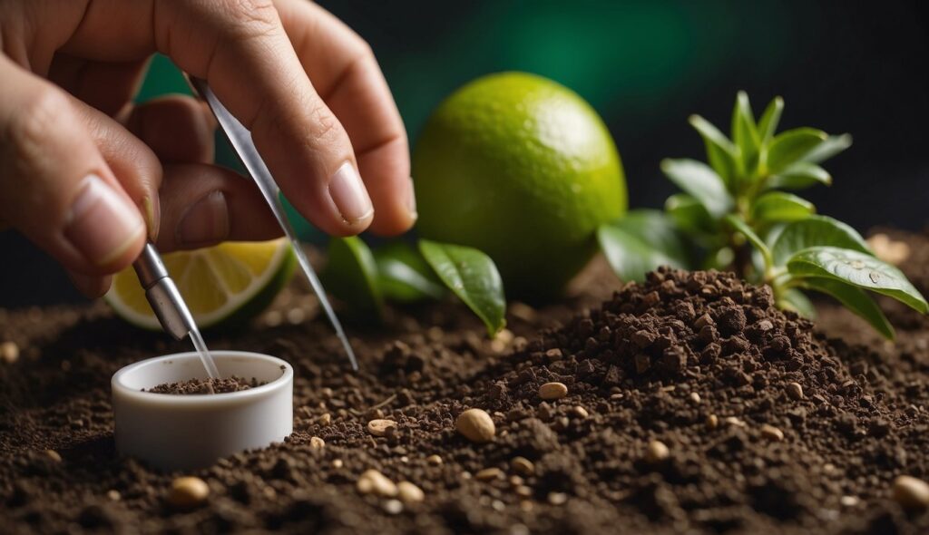 A person is using a dropper to add liquid into a small container, with soil, seeds, and lime in the background.