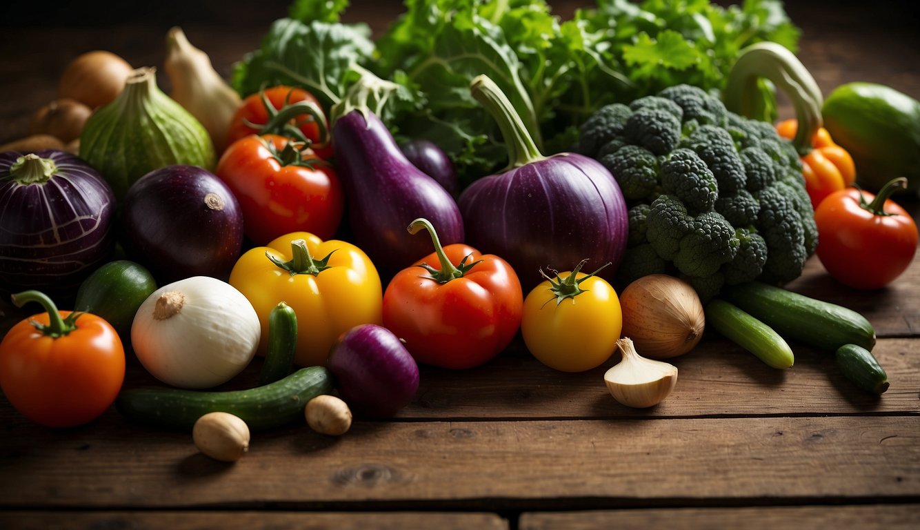 A variety of colorful vegetables including tomatoes, eggplants, zucchinis, and others on a wooden surface.