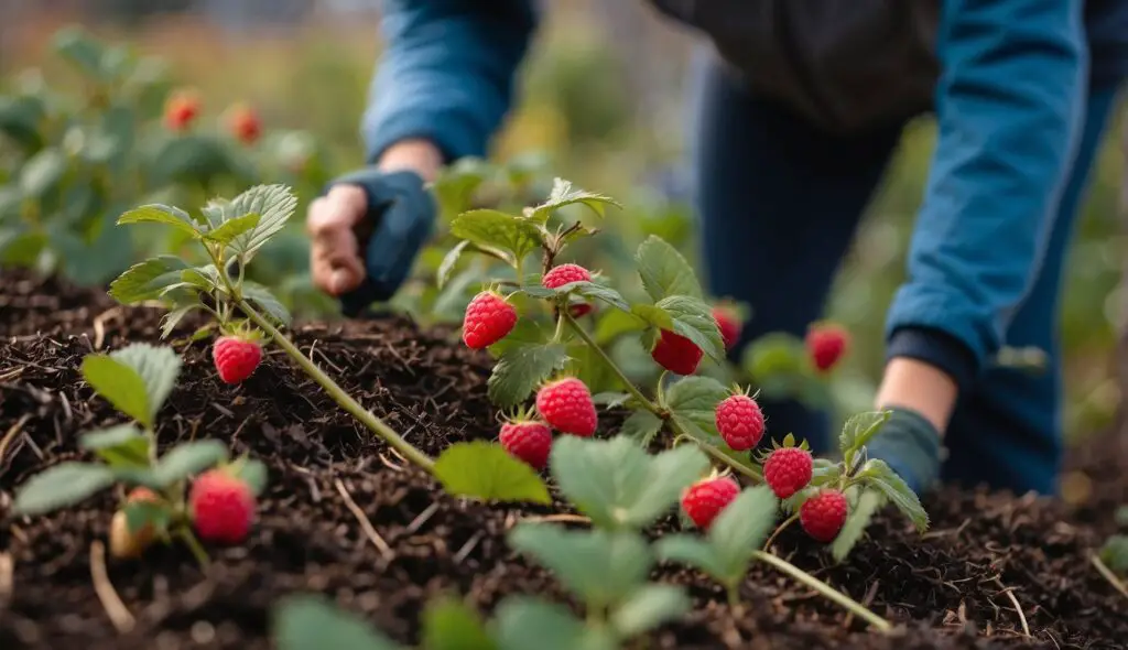 A person caring for a raspberry bush with ripe red berries.