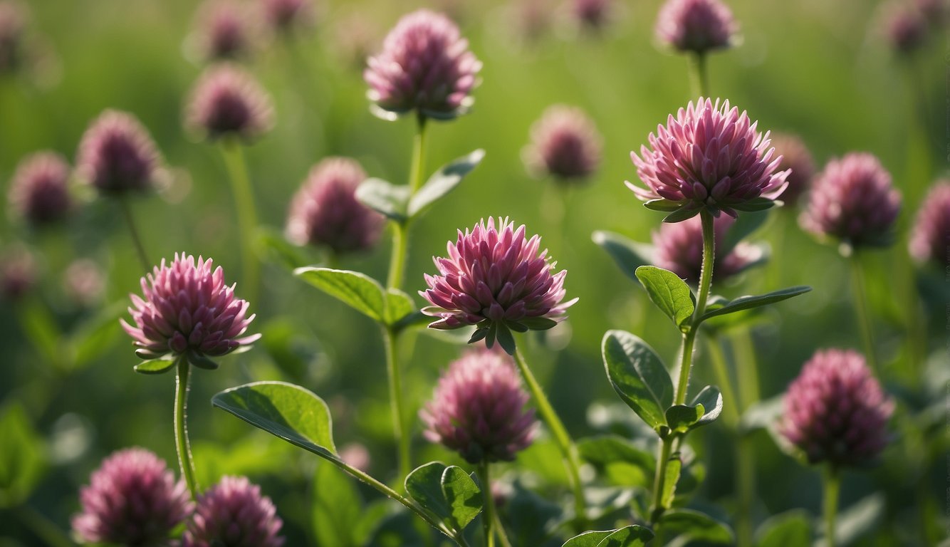 A field of red clover seeds blossoming, their vibrant pink flowers contrasting beautifully with the lush green leaves, illuminated by soft sunlight.