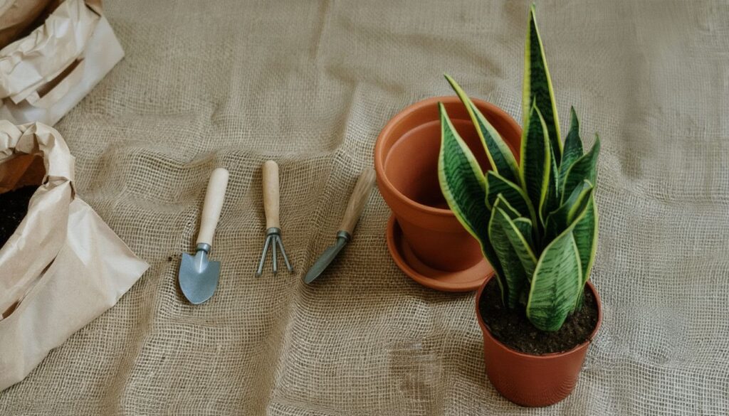A potted snake plant next to gardening tools and soil bags on a burlap surface, ready for propagation.