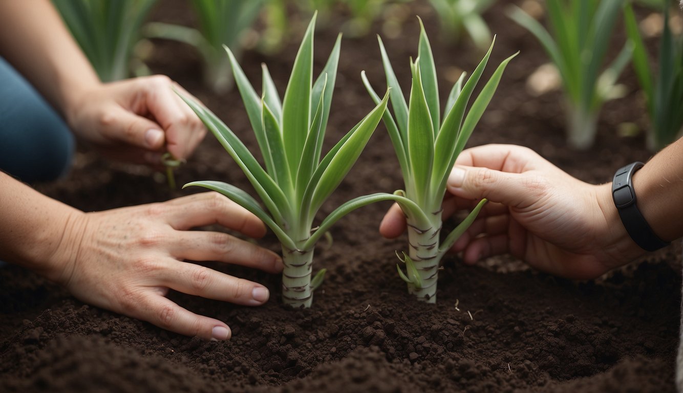Two people planting snake plants in the soil.