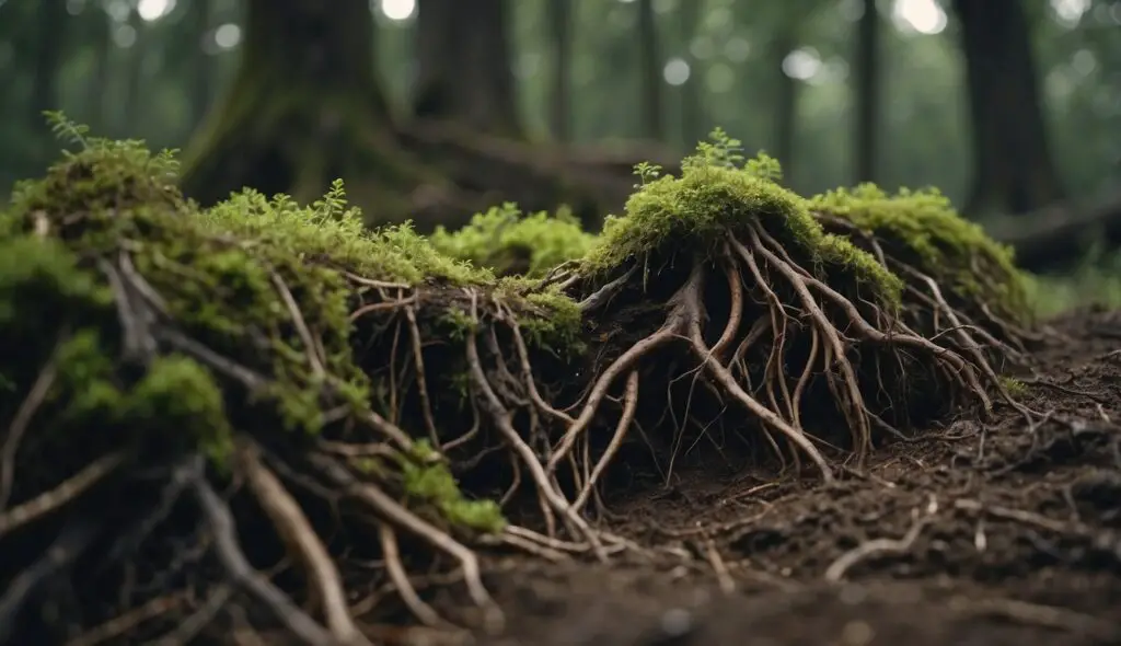 A close-up image of exposed tree roots, covered with green moss, in a misty forest.