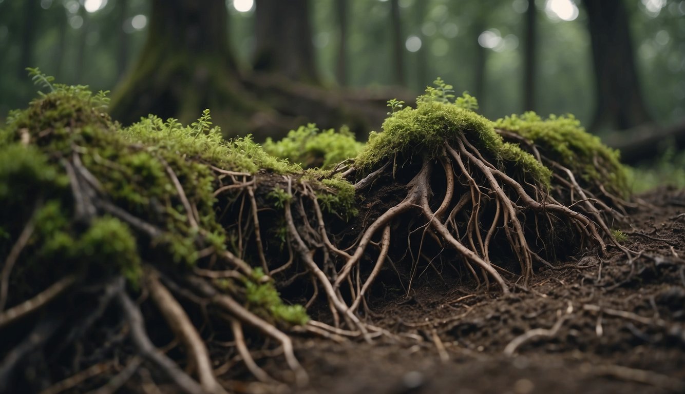 A close-up image of exposed tree roots, covered with green moss, in a misty forest.