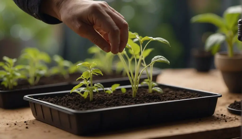 A person’s hand gently touching young green plants sprouting in a seed starter tray filled with soil, with other trays and potted plants in the background.