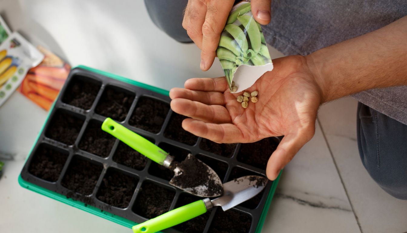 Person pouring pea seeds into their hand beside a green seed tray filled with soil and gardening tools.