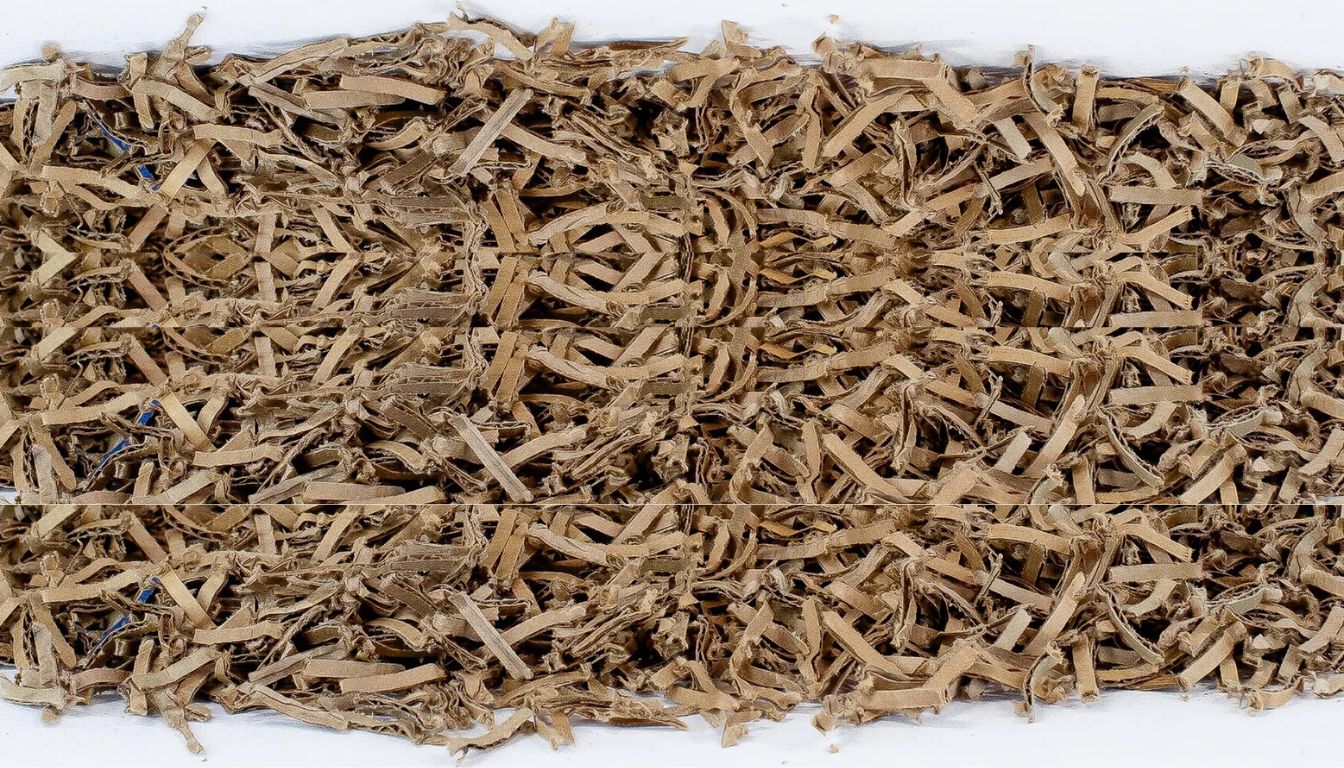 Close-up of densely packed, shredded brown cardboard strips with a fibrous, layered texture.