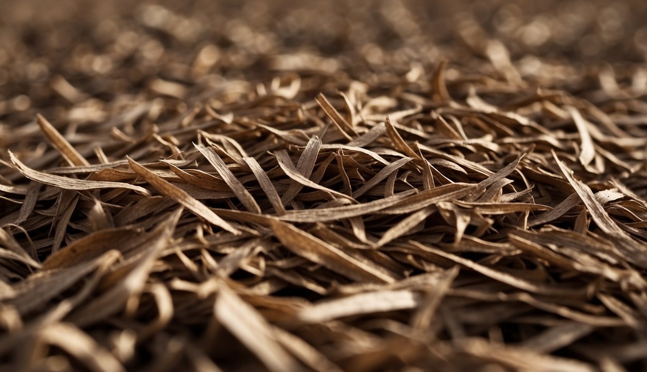 A close-up view of shredded cardboard mulch, highlighting its texture and color.