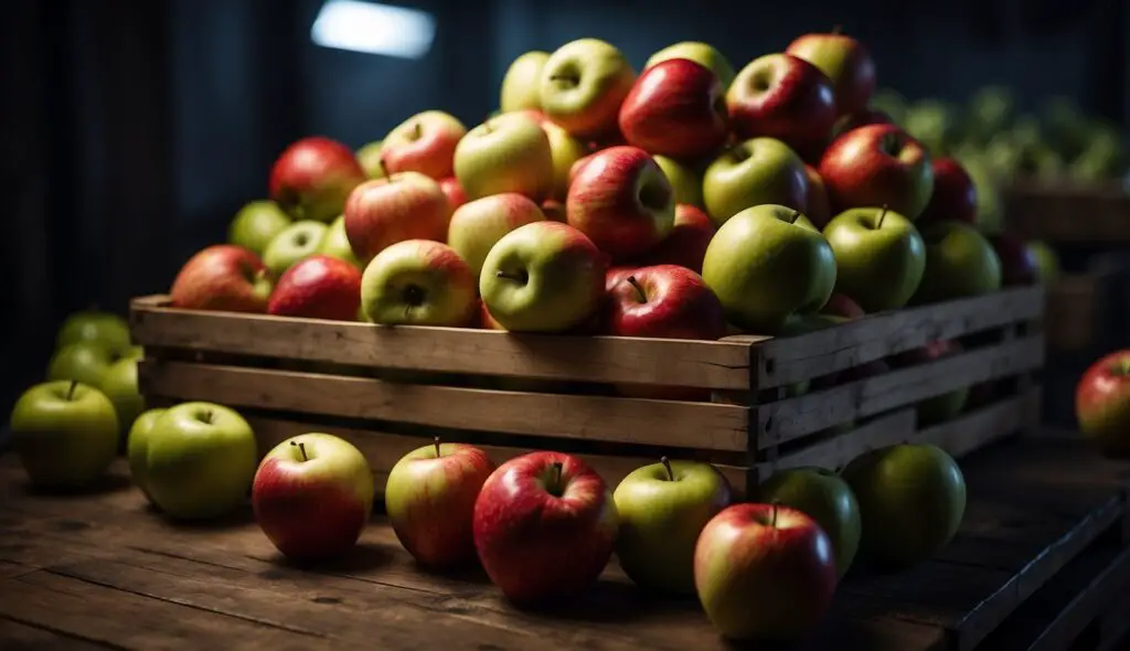 A wooden crate overflowing with fresh, vibrant red and green apples, illuminated by a soft light that highlights their color and texture.
