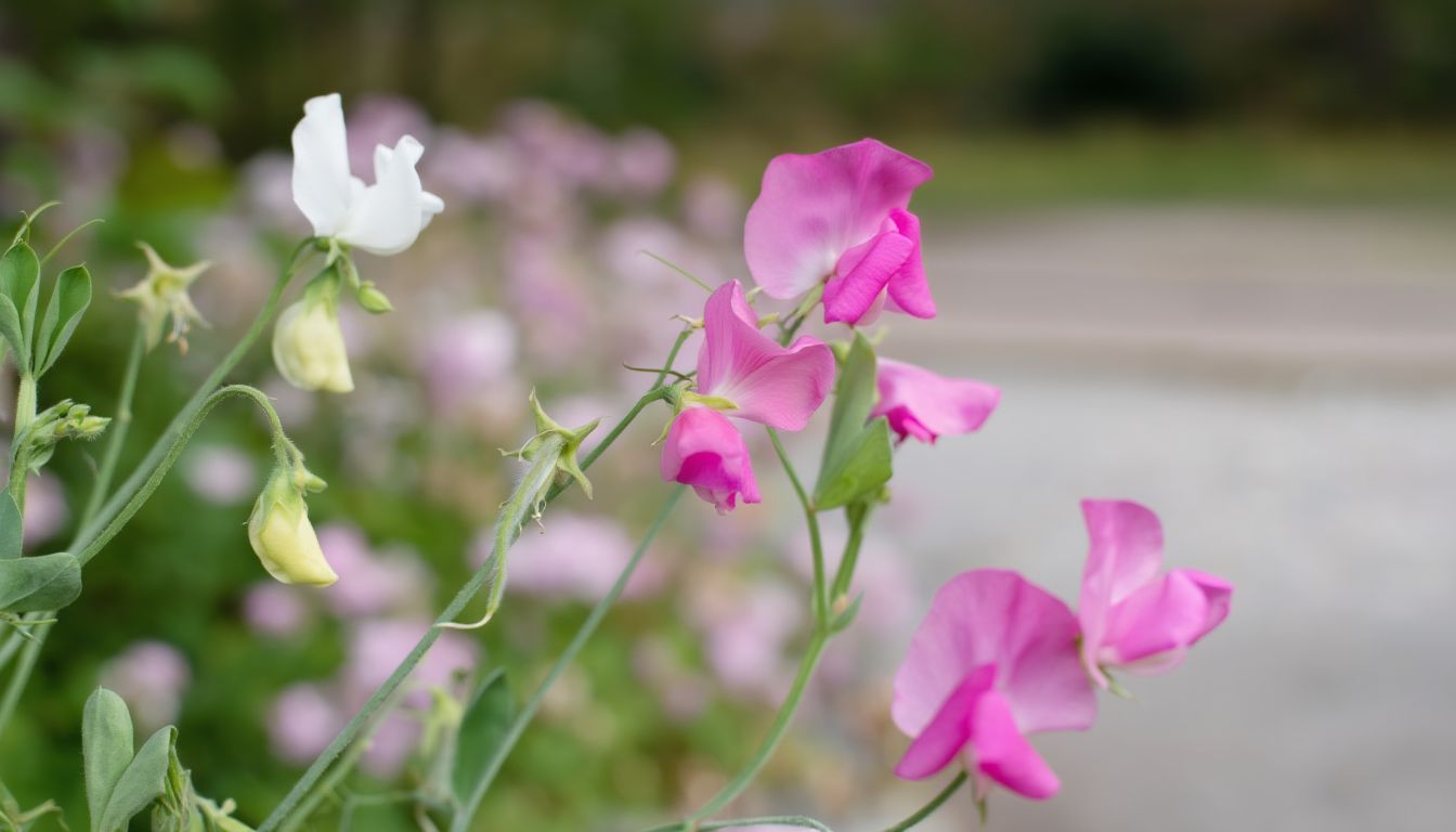Close-up of blooming sweet pea flowers in shades of pink, white, and pale yellow with green leaves.