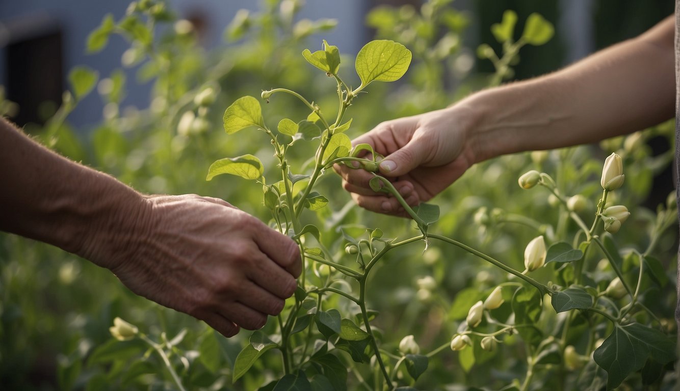 Two hands gently tending to a sweet pea shrub, showcasing the care involved in maintaining the plant.
