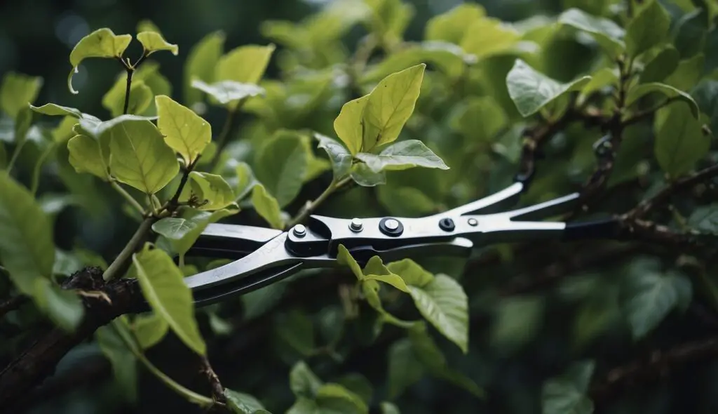 A pair of pruning shears cutting through green branches, surrounded by lush foliage.