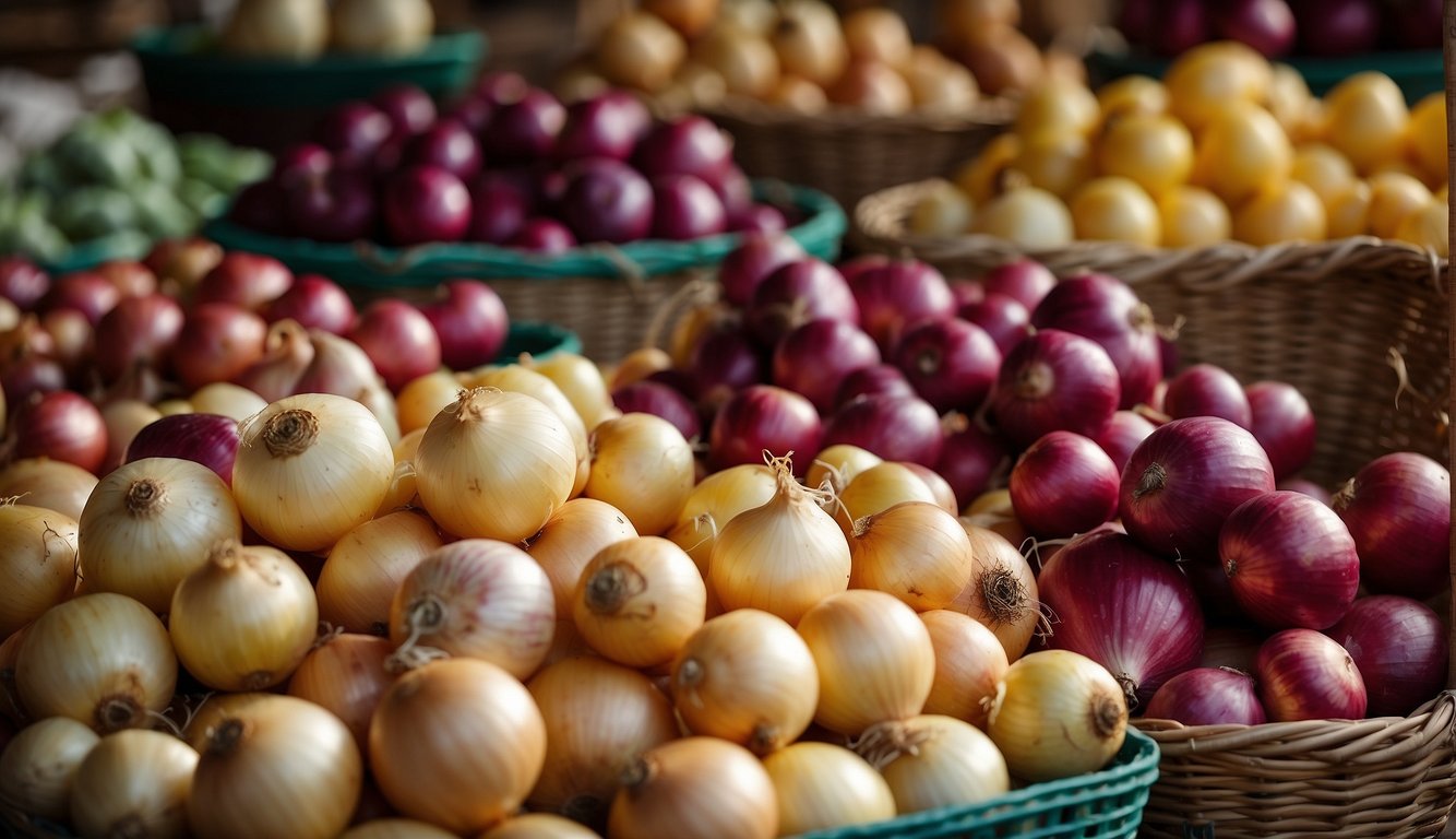 A vibrant display of various types of onions, including yellow, red, and white onions, neatly arranged in baskets at a market.