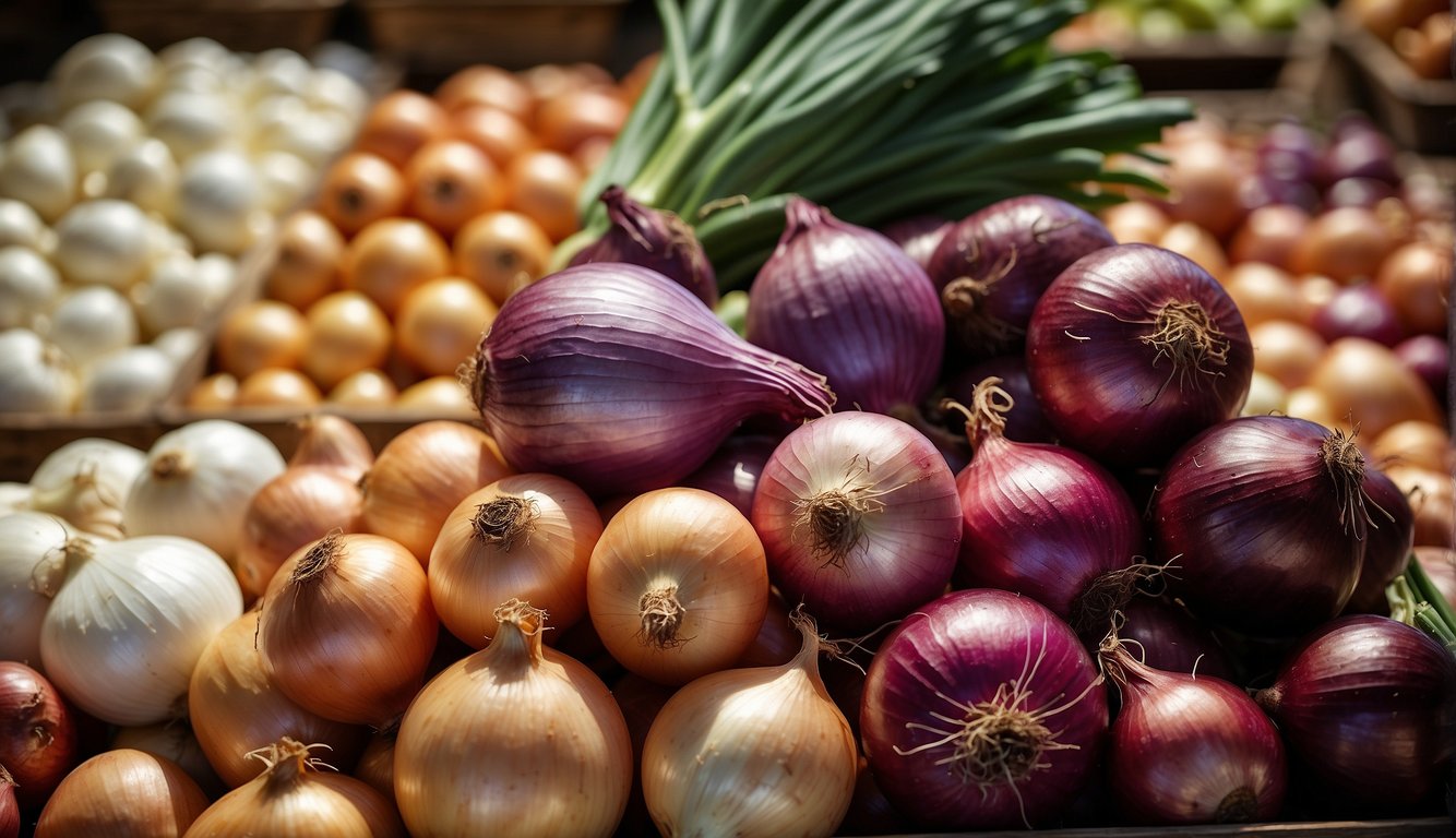 A vibrant display of various types of onions including white, yellow, and red onions, arranged neatly at a market.