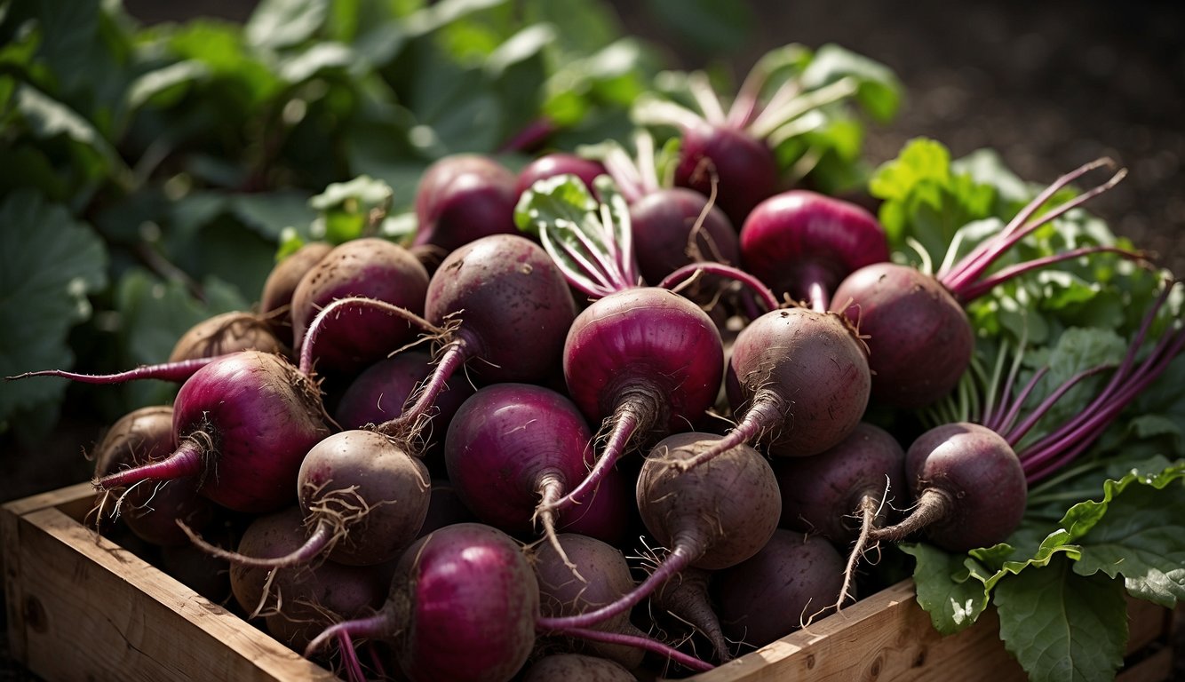 A wooden crate full of freshly harvested beets with their green leaves attached, set in a garden.