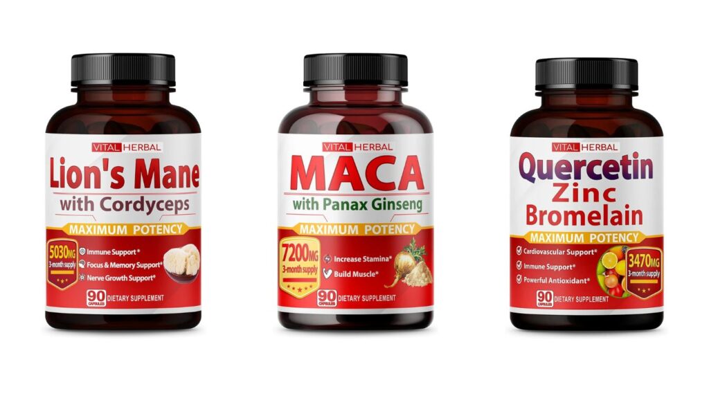 Three bottles of Vital Herbal dietary supplements, including Lion's Mane with Cordyceps, MACA with Panax Ginseng, and Quercetin with Zinc and Bromelain.