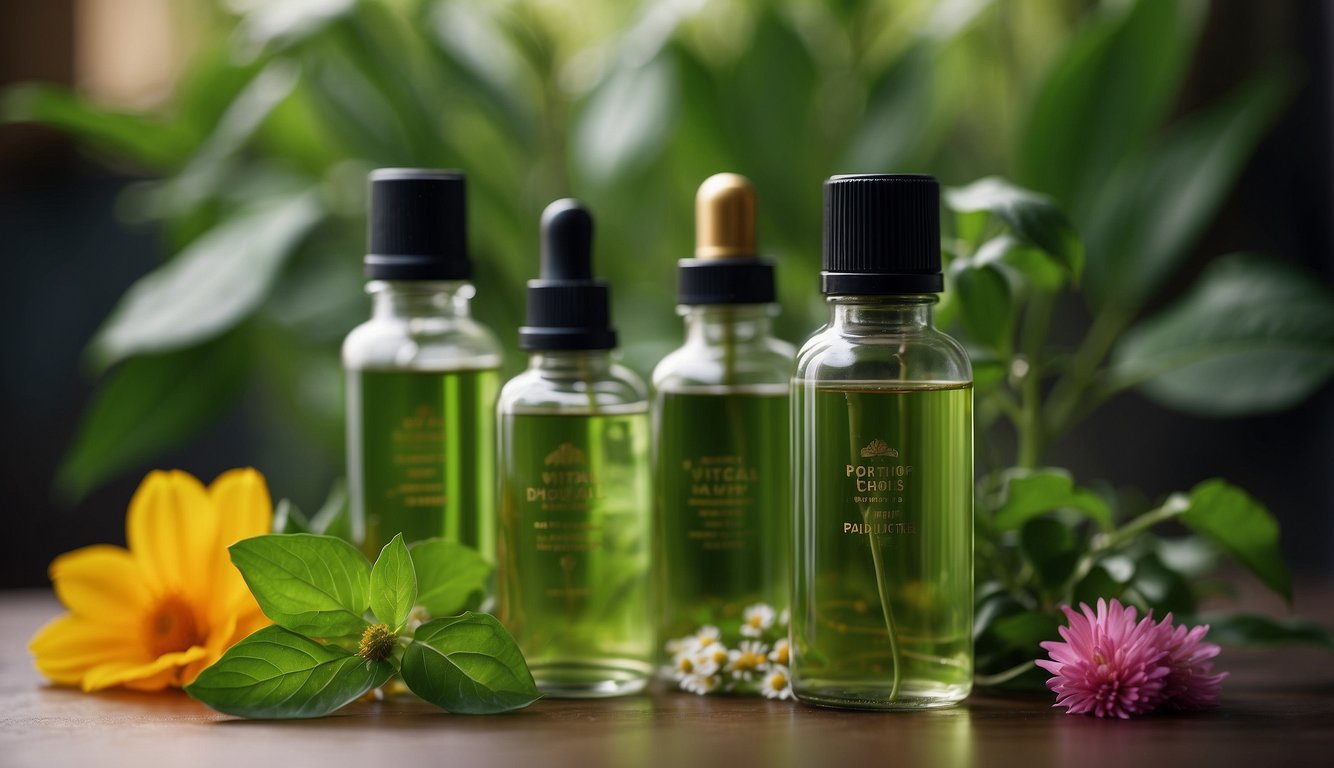 A collection of four green-tinted bottles containing herbal products, with a variety of fresh flowers and leaves in the foreground and background, conveying a natural and organic aesthetic.
