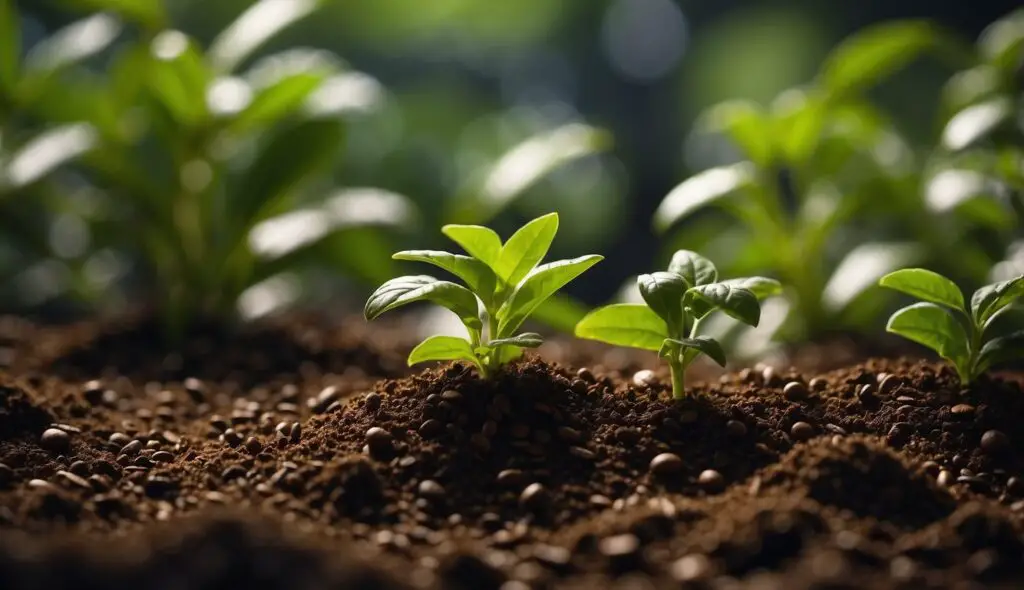 Young green plants sprouting from a bed of rich, brown coffee grounds, illuminated by soft sunlight.