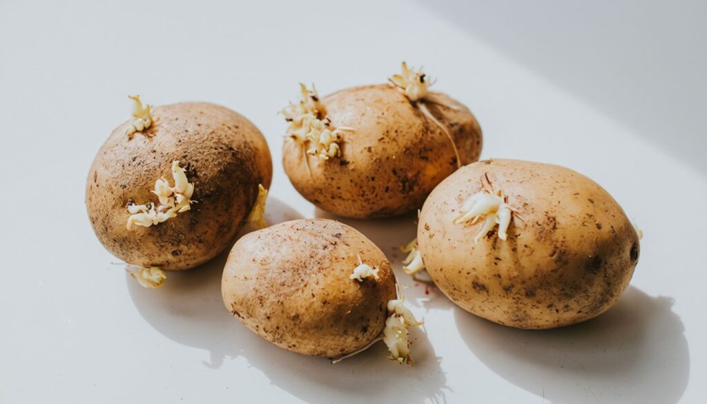Four unwashed potatoes with white sprouts emerging from their eyes, placed on a white surface.