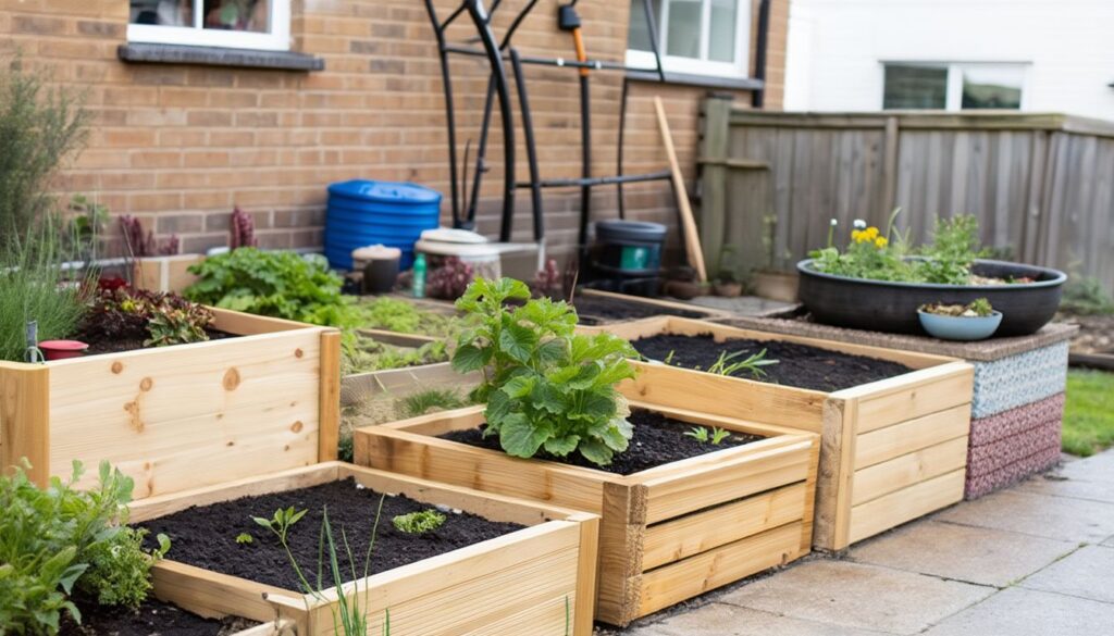 Raised wooden garden beds filled with vegetables and soil, arranged neatly in a backyard next to a brick house.