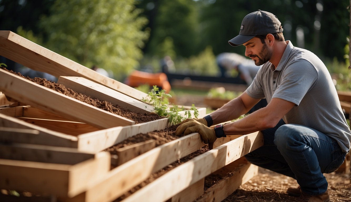 A person planting in a newly built wooden raised vegetable bed.